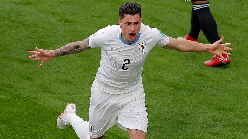 Uruguay’s Jose Gimenez scores the opening goal against Egypt at the Yekaterinburg Arena on Friday.