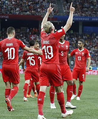 NIZHNY NOVGOROD, June 27, 2018 (Xinhua) -- Players of Switzerland react after the 2018 FIFA World Cup Group E match between Switzerland and Costa Rica in Nizhny Novgorod, Russia, June 27, 2018. The match ended in a 2-2 draw. Switzerland advanced to the round of 16.  (Xinhua/Ye Pingfan/IANS)