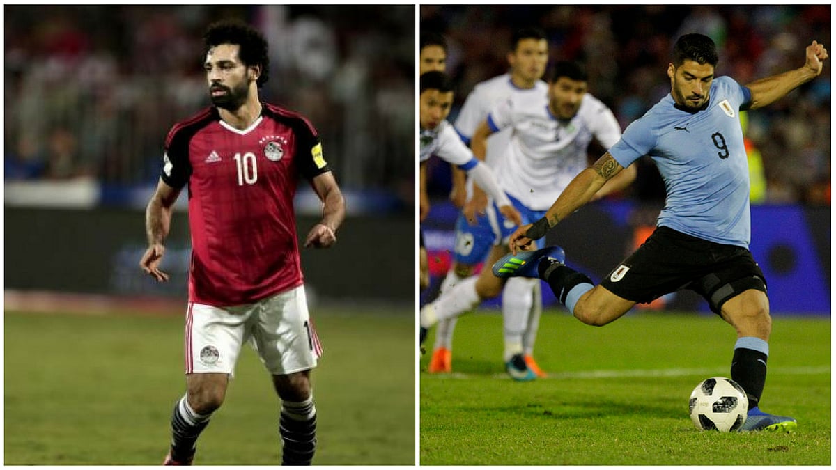 Egypt is hoping that Mohamed Salah (left)will be healthy to counter Luis Suarez’s attacking threat