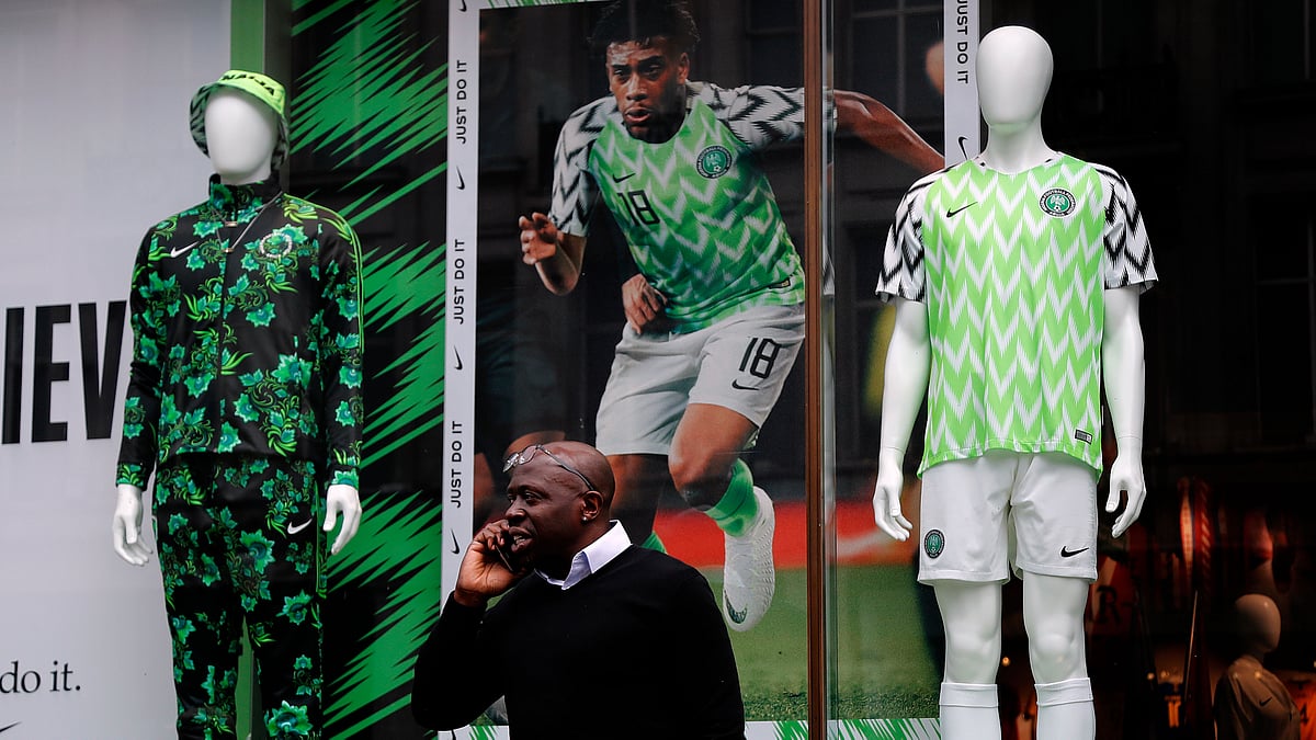 Nigerian national soccer team jersey is on display at a shop in London. 