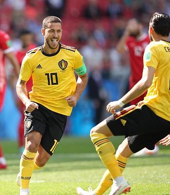 MOSCOW, June 23, 2018 (Xinhua) -- Eden Hazard (L) of Belgium celebrates his scoring during the 2018 FIFA World Cup Group G match between Belgium and Tunisia in Moscow, Russia, June 23, 2018. (Xinhua/Wu Zhuang)