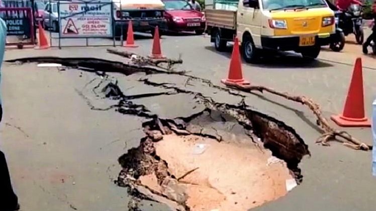 A sinkhole on the Shapur-Jeedimetla highway in Hyderabad.