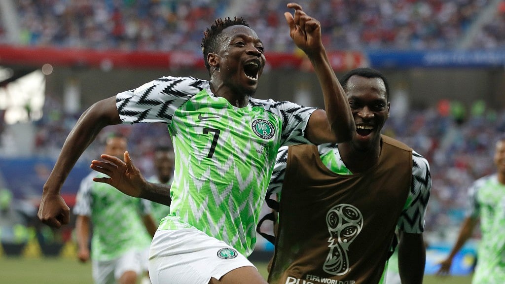 Nigeria’s Ahmed Musa celebrates his team’s second goal during their group D match against Iceland at the  Volgograd Arena on Friday.