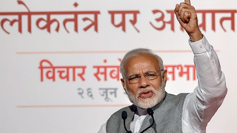 Prime Minister Narendra Modi speaks during a BJP function, in Mumbai on Tuesday, 26 June.&nbsp;