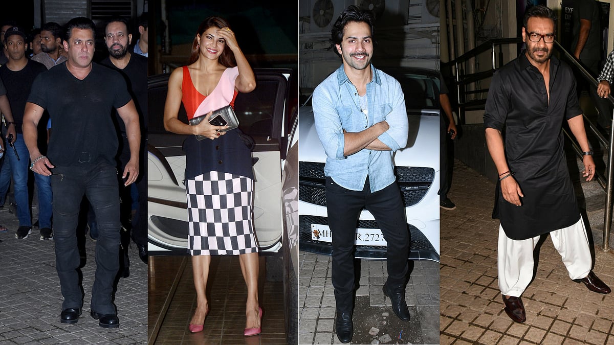 Salman Khan, Jacqueline Fernandez, Varun Dhawan and Ajay Devgn spotted at a special screening of <i>Race 3.</i>