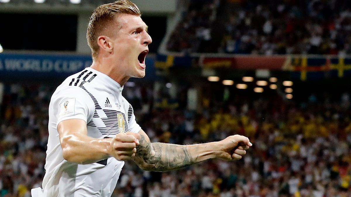 Germany’s Toni Kroos celebrates his second goal during the Group F match between Germany and Sweden