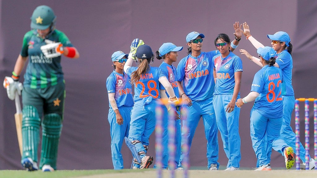 lndian women team  celebrate the fall of a Pakistani wicket during their Women’s Twenty20 Asia Cup in Kuala Lumpur on Saturday
