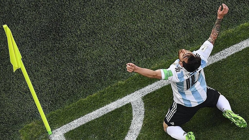 Argentina’s Lionel Messi after scoring the opening goal against Nigeria in their last Group D match 