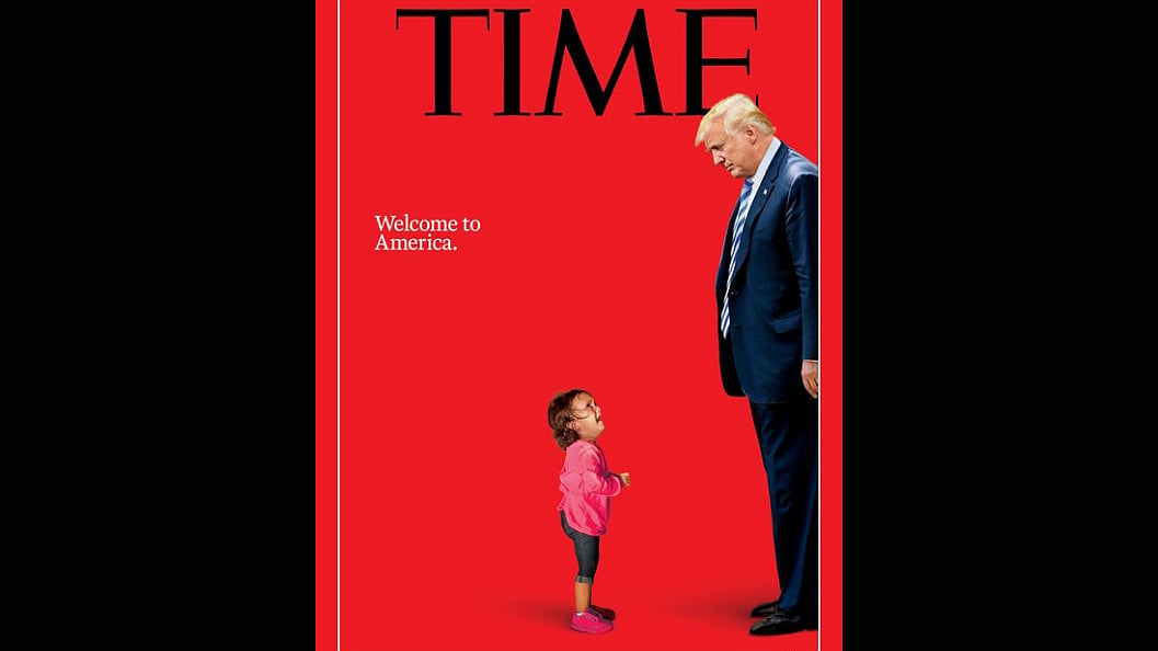 The magazine cover for the 2 July edition features US President Donald Trump looking down on a crying immigrant child.