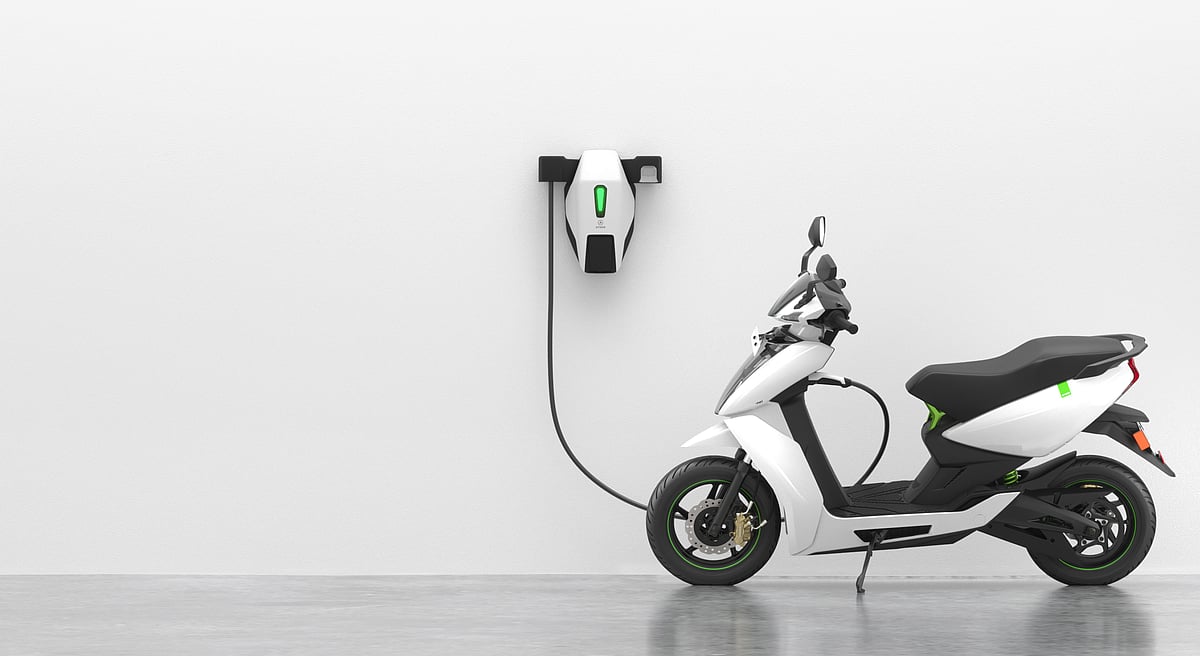 The Ather 450 electric scooter getting charged. 