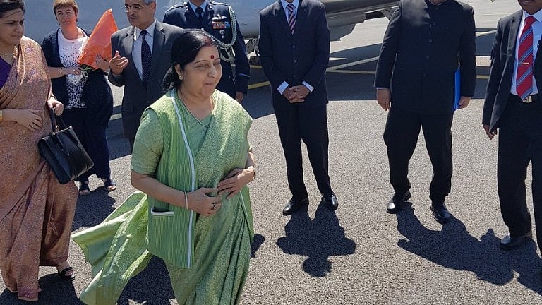 External Affairs minister Sushma Swaraj arrives in Brussels. 