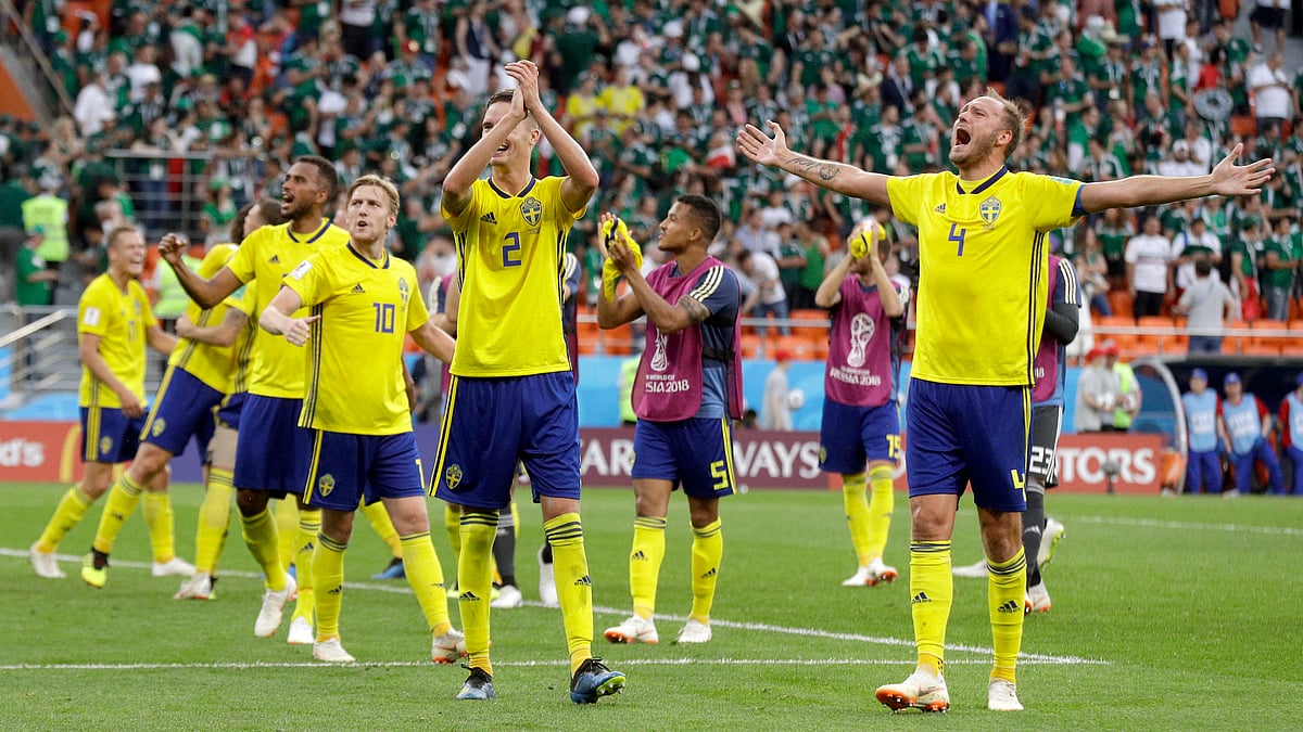 Sweden’s Andreas Granqvist (right) and his teammates celebrate after winning their Group F match against Mexico at the Yekaterinburg Arena on Wednesday.