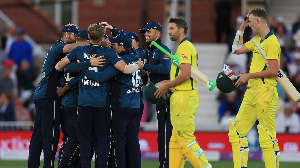 England players celebrate victory after the final wicket during the One Day International match at Trent Bridge, Nottingham.