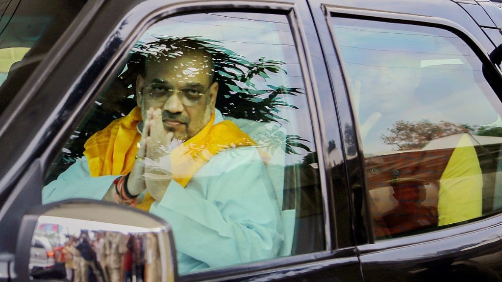 BJP Chief Amit Shah leaves from the airport to address a public rally, in Jammu on Saturday, 23 June.