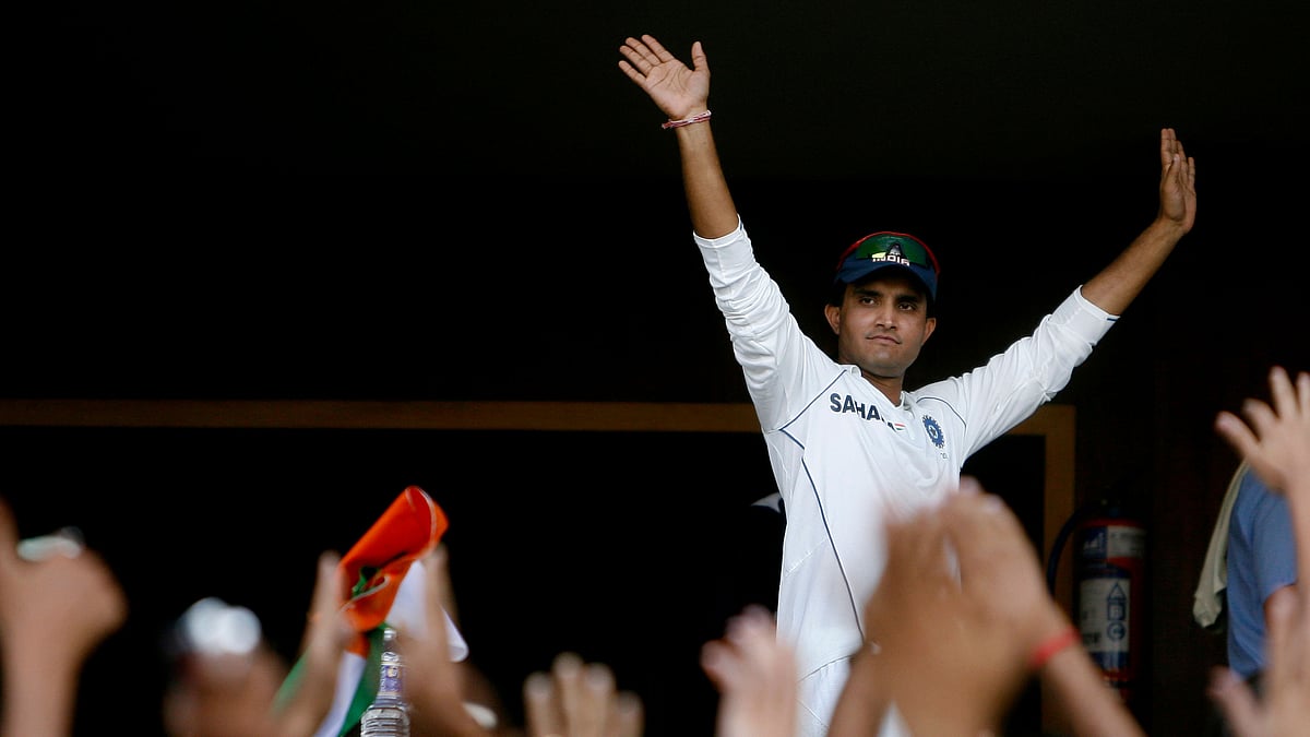 India’s Sourav Ganguly greets fans from a pavilion after winning the four Test cricket match series against Australia by 2-0 in Nagpur on 10 November, 2008. 