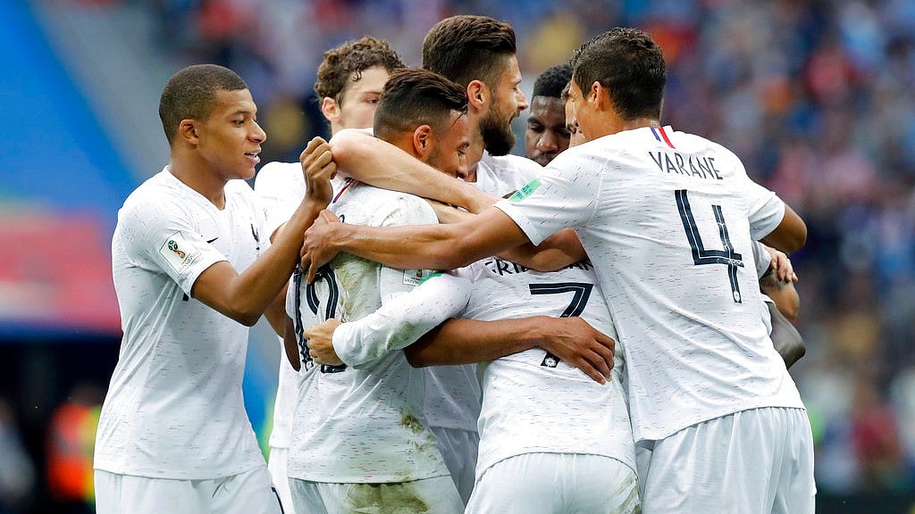 French players celebrate their side’s second goal scored by Antoine Griezmann during their quarter final match against Uruguay at the Nizhny Novgorod Stadium on Friday.