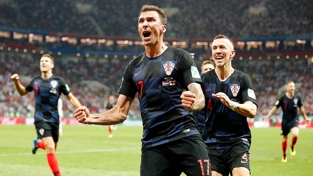 Croatia’s Mario Mandzukic celebrates after scoring his side’s second goal against England. 