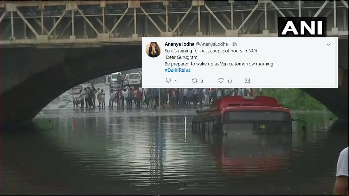 A submerged Delhi Transport Corporation bus.