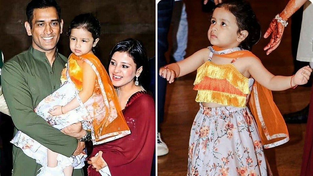 MS Dhoni with his wife Sakshi and daughter Ziva at Poorna Patel’s sangeet ceremony.