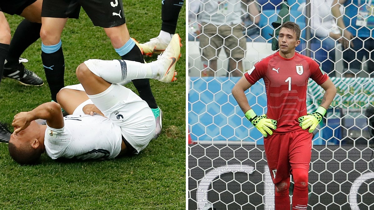 France’s Mbappe (left) and Uruguayan goalkeeper Fernando Muslera.