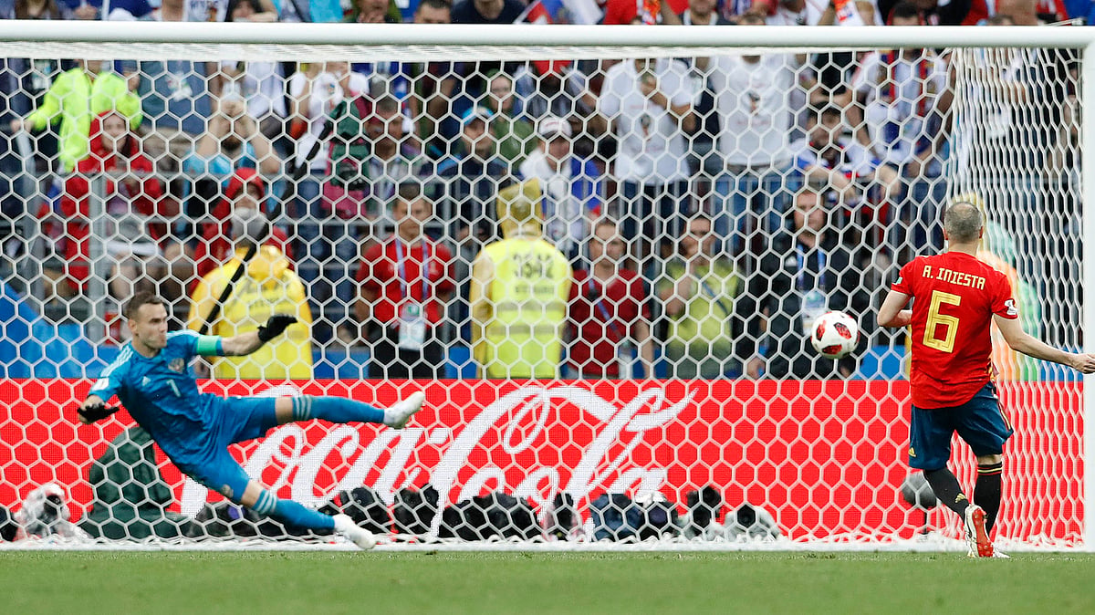 Spain’s Andres Iniesta scores by penalty kick during the round of 16 match between Spain and Russia at the 2018 FIFA World Cup at the Luzhniki Stadium in Moscow, Russia.