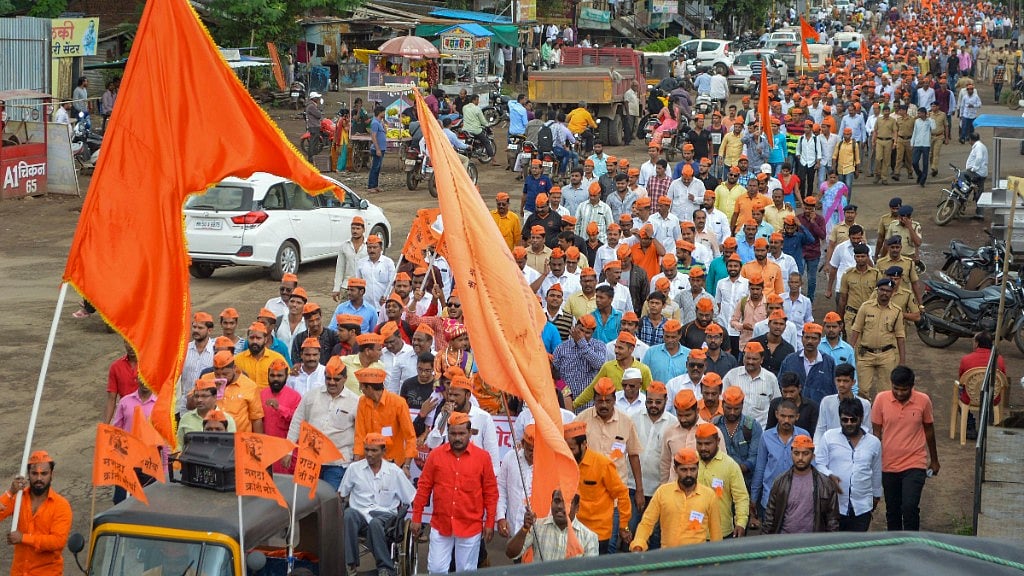 Protestors from the Maratha community take part in a rally demanding reservation, in Karad, Maharashtra. Image used for representational purposes.&nbsp;