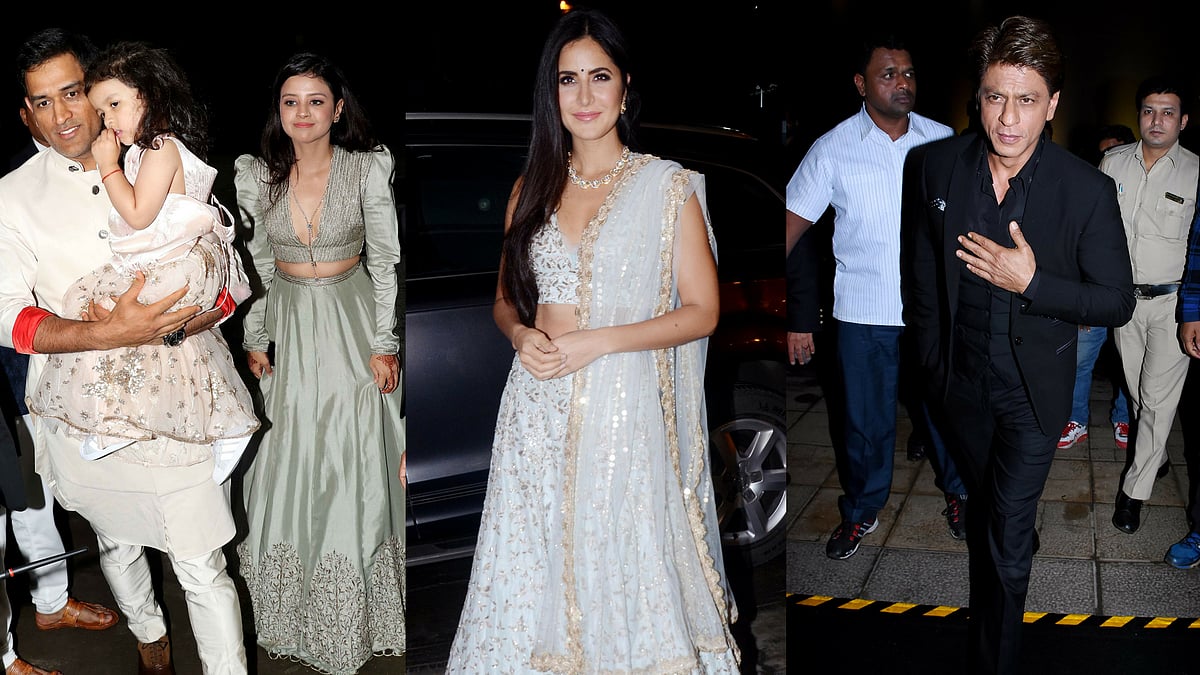 MS Dhoni with Sakshi and little Ziva, Katrina Kaif and Shah Rukh Khan at the reception.