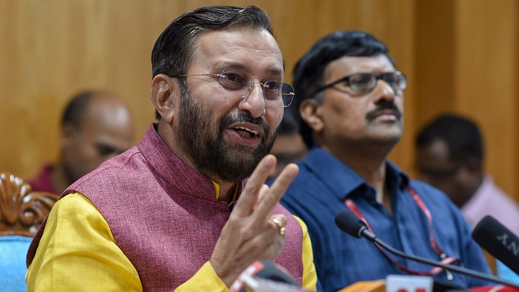 HRD Minister Prakash Javadekar addresses a press conference regarding NEET and JEE examinations, in New Delhi on Saturday.