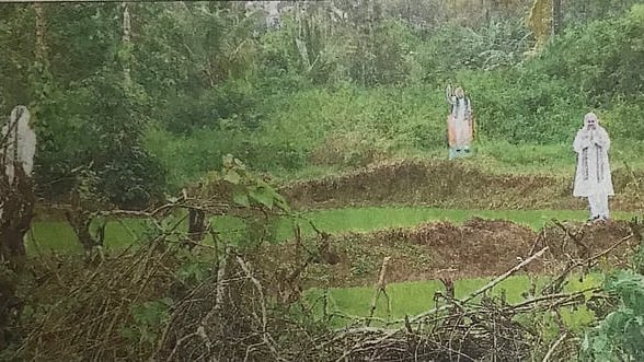 Farmers in Chikmagalur, Karnataka, are using cut-outs of PM Modi and Amit Shah as scarecrows. 