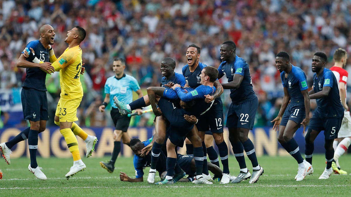 French players celebrate at the end of the final match between France and Croatia at the 2018 soccer World Cup in the Luzhniki Stadium in Moscow, Russia, Sunday, July 15, 2018. France won 4-2. 