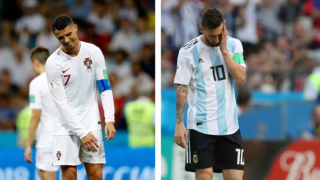 Portugal’s Cristiano Ronaldo (left) and Argentina’s Lionel Messi after their respective Round of 16 matches on Saturday. 