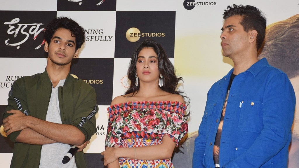 Karan Johar with his <i>Dhadak</i> team <i></i>Janhvi Kapoor and Ishaan Khatter at the press conference to celebrate the success of the film.