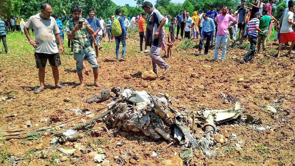 Debris after an MiG-21 fighter jet crashed in Himachal Pradesh’s Kangra, killing an Indian Air Force pilot on 18 July.&nbsp;