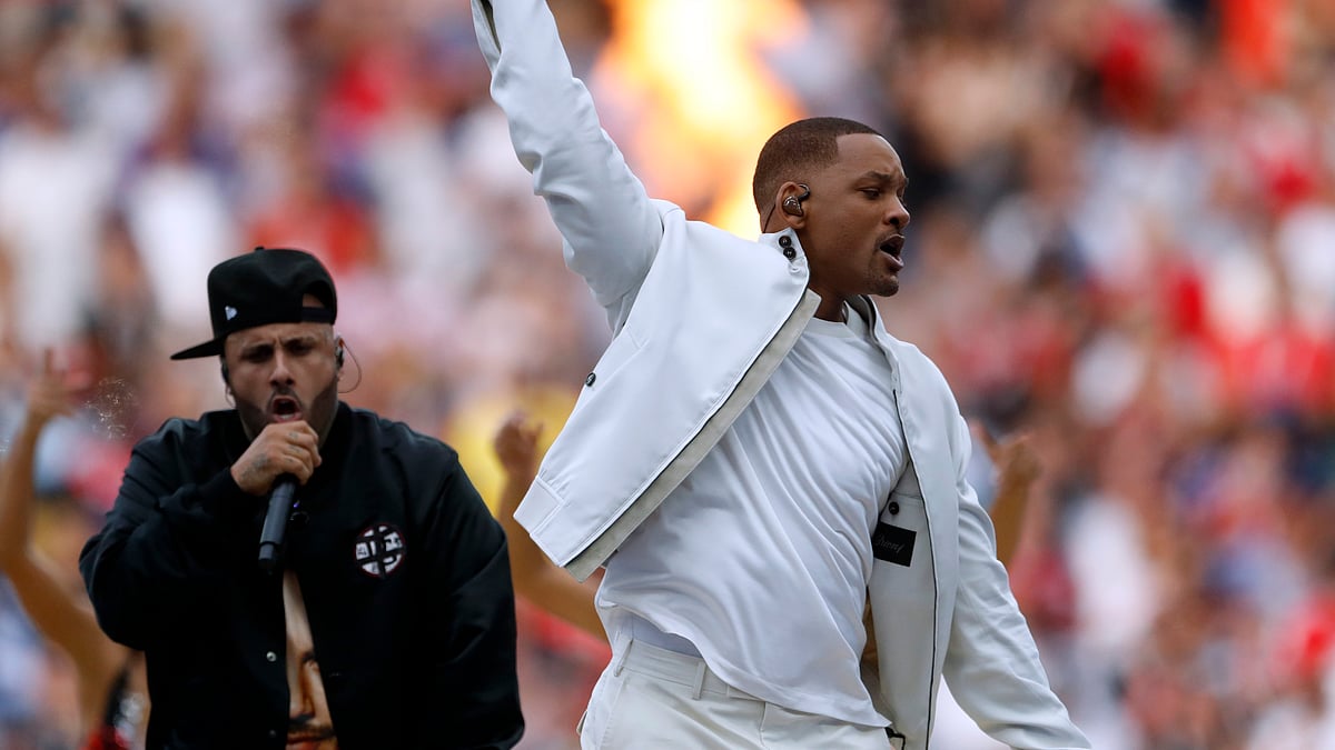 Will Smith performs during a ceremony prior to the final match between France and Croatia at the 2018 soccer World Cup in the Luzhniki Stadium in Moscow, Russia, Sunday, July 15, 2018.&nbsp;