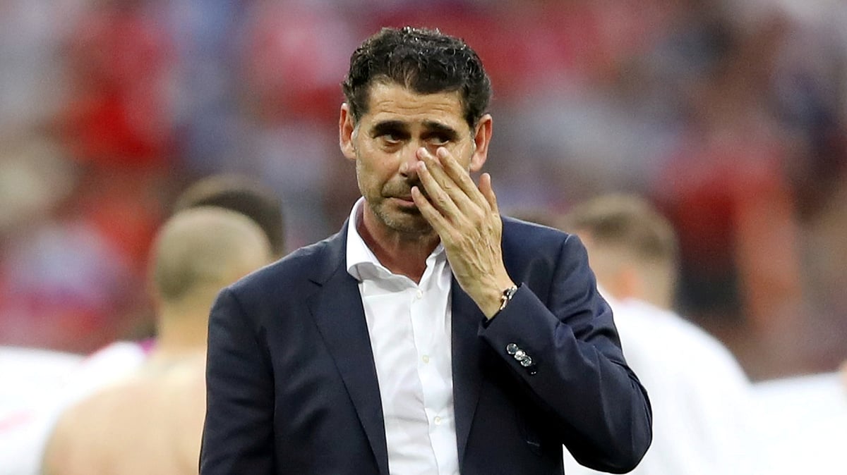 Spain coach Fernando Hierro looks dejected after losing the penalty shootout against Russia in the Round of 16 tie. 