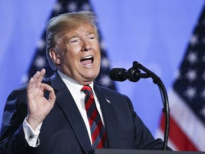 BRUSSELS, July 12, 2018 (Xinhua) -- U.S. President Donald Trump speaks during a press conference on the second day of the NATO Summit in Brussels, Belgium, on July 12, 2018. (Xinhua/Ye Pingfan/IANS)