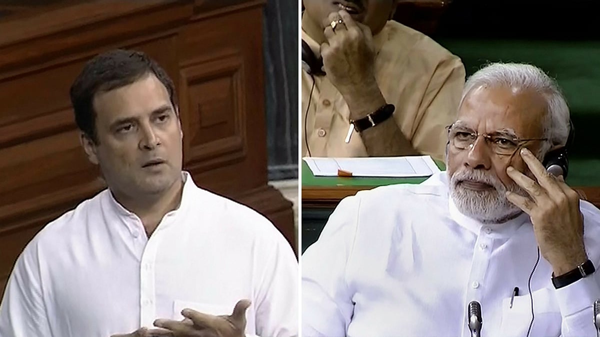 Prime Minister Narendra Modi and Congress president Rahul Gandhi in Lok Sabha on 20 July.