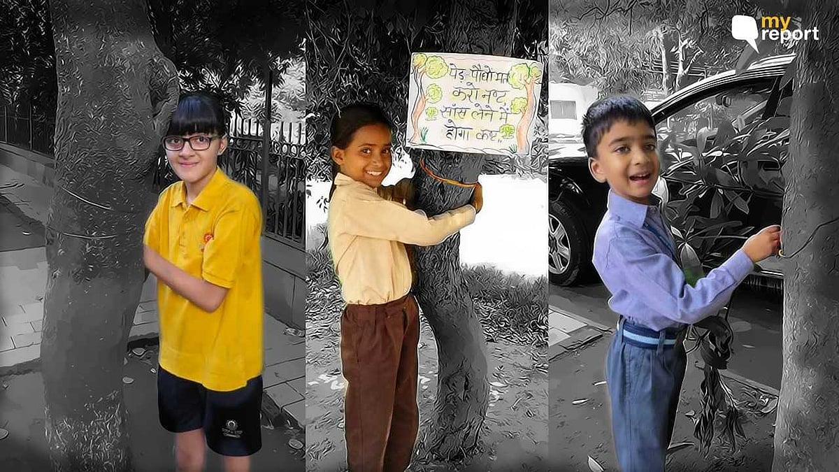 School kids tie ‘Rakhi’ to trees.