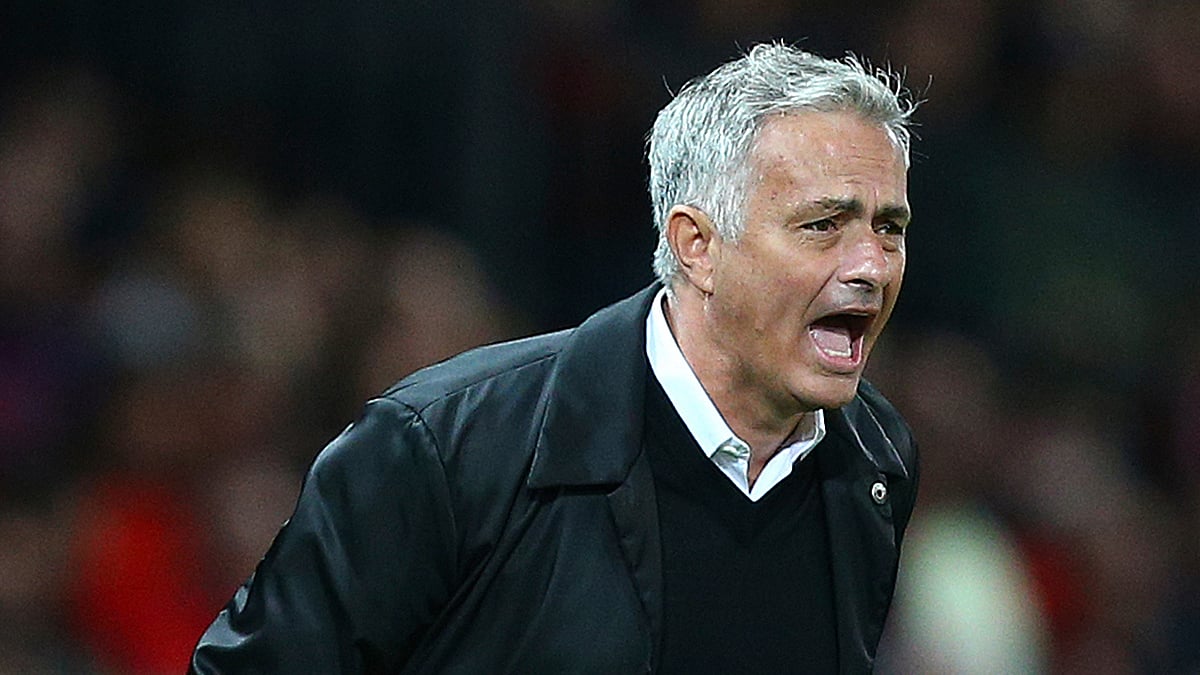 Manchester United manager Jose Mourinho shouts out from the touchline during the English Premier League soccer match between Manchester United and Tottenham Hotspur at Old Trafford stadium in Manchester, England, Monday, Aug. 27, 2018.
