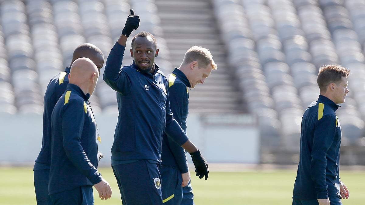 Jamaica’s Usain Bolt trains with the Central Coast Mariners soccer team in Newcastle, Tuesday, Aug. 21, 2018. Bolt, who holds the world records for the 100- and 200-meter sprints and is an eight-time Olympic gold medalist, is hoping to impress the coaching staff enough to earn a contract with the Mariners for the 2018-19 season in Australia’s top-flight competition.
