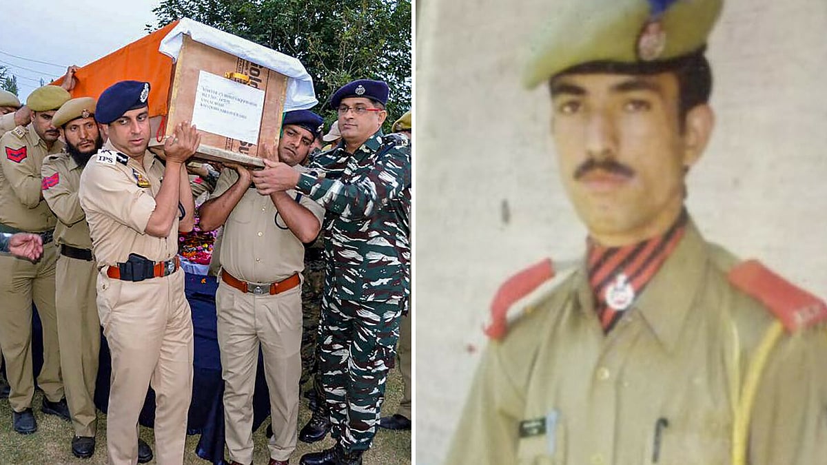 The funeral of J&K policeman Mohd Yaqoob Shah (left); Fayaz Ahmad Shah (right).