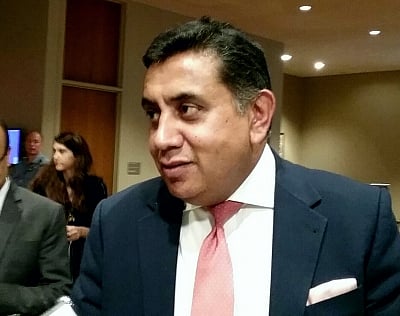 British Minister of State for the Commonwealth and the United Nations Tariq Mahmood Ahmad speaks to reporters at the UN headquarters in New York on Tuesday, August 28, 2018, after presiding over a session of the UN Security Council on Myanmar. (Photo: Arul Louis/IANS)