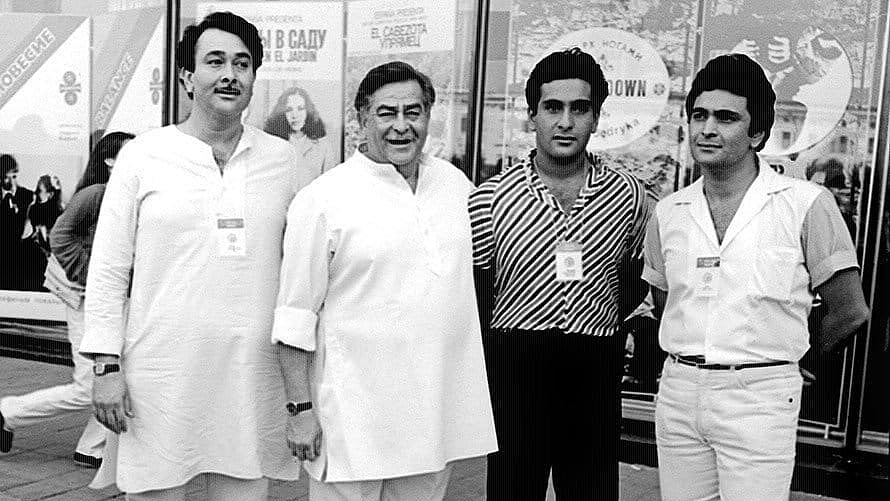 Raj Kapoor (second from left) with his three sons Randhir, Rajiv and Rishi Kapoor. 