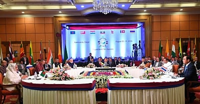 Kathmandu: Prime Minister Narendra Modi, Thailand Prime Minister Prayut Chan-o-cha, Sri Lanka President Maithripala Sirisena, Nepal Prime Minister K.P. Oli, Myanmar President Win Myint, Bhutan Chief Justice and Chief Adviser to the Interim Government Dasho Tshering Wangchuk, and Bangladesh Prime Minister Sheikh Hasina at the signing ceremony of BIMSTEC Convention, adoption of Kathmandu declaration, in Kathmandu, Nepal, on Aug 31, 2018. (Photo: IANS/PIB)