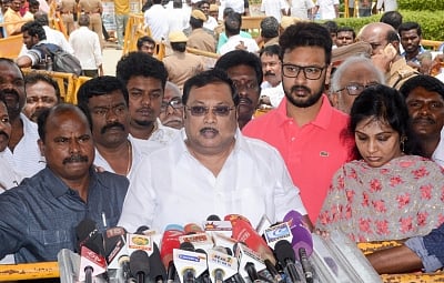 Chennai: Former Union Minister MK Alagiri addresses a press conference, in Chennai, on  Aug 13, 2018 (Photo: IANS)