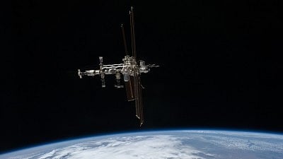 International Space Station (ISS) photographed from the space shuttle Atlantis. 