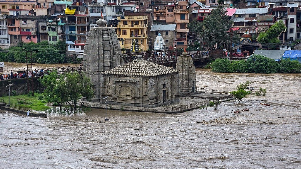 A view of flooded village at the confluence of Beas and Suketi River in Mandi