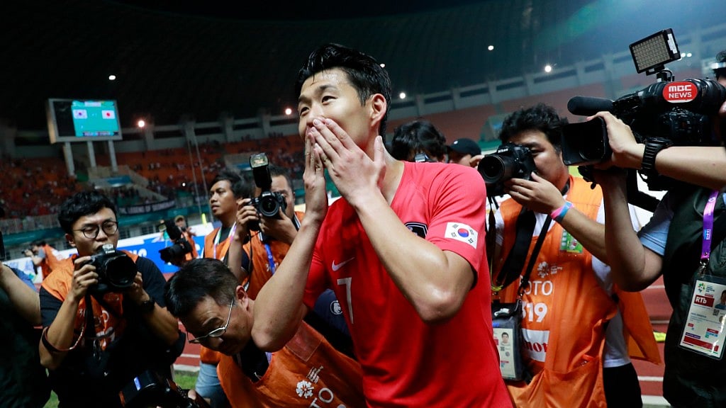 South Korea’s Son Heung-min celebrates after beating Japan during the football men’s gold medal match at the 18th Asian Games.