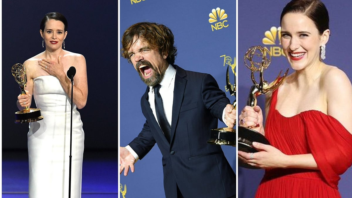 Claire Foy, Peter Dinklage and Rachel Brosnahan with their trophies. 
