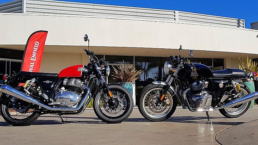 Royal Enfield Interceptor 650 (left) and Royal Enfield Continental GT 650 (right) in Santa Cruz, California ahead of global launch and US price reveal. 